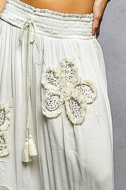 Smocked Waist Ruffle Embroidered Fringe Long Skirt