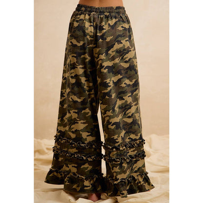 CAMOUFLAGE PRINTED TWILL RUFFLED DETAIL WIDE PANTS