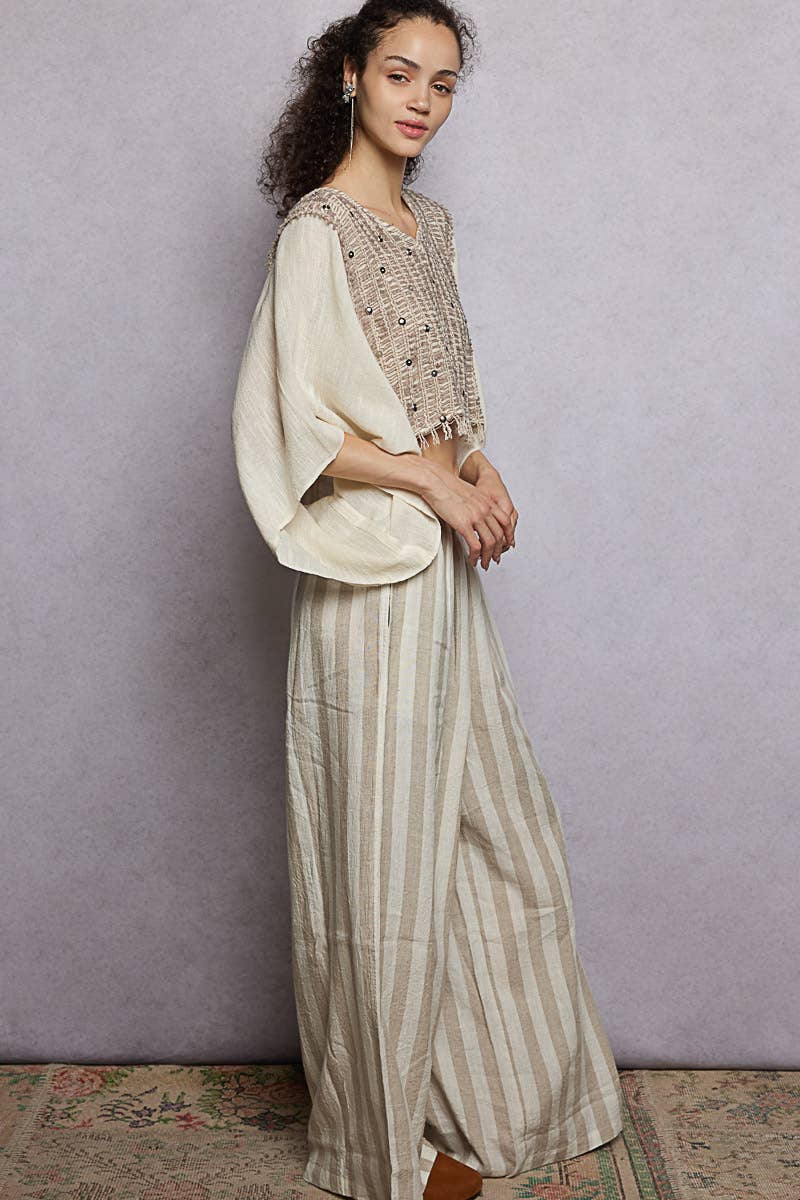Stripe Elastic Waist Band Linen Wide Pants