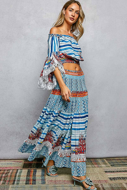 Off-Shoulder Fringe Sleeve Smocked Top and Skirt Set
