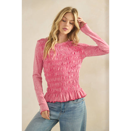 PINK SMOCKED PEPLUM LONG SLEEVE TOP