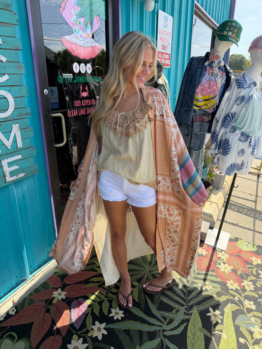 PLUS GARDEN WHIMSY CAT PRINTED BACK KIMONO DUSTER