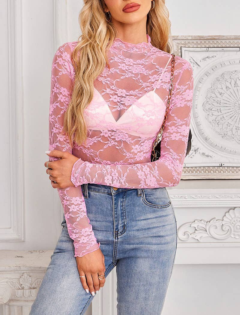 Sheer Lace Mock Neck Top