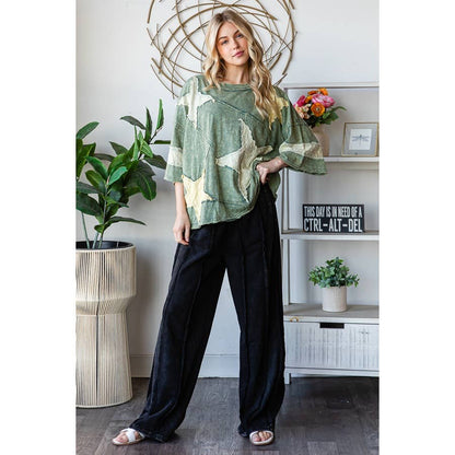 GREEN WASHED STAR PATCHWORK SHORT SLEEVE TOP
