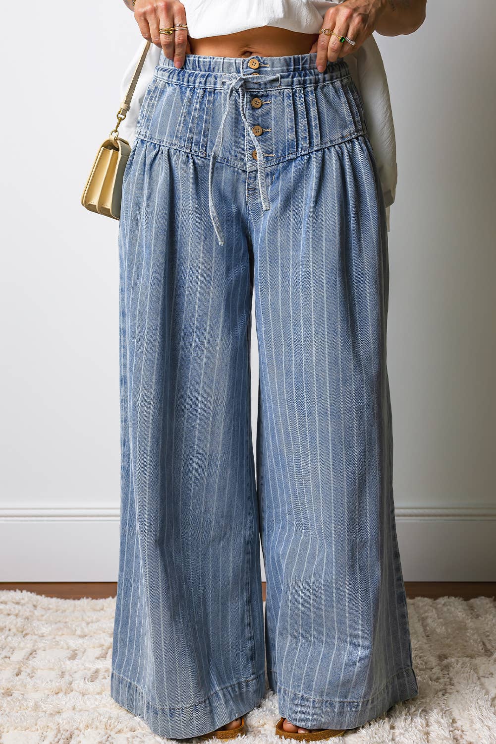 Stripe Button Pleated Drawstring Wide Leg Jeans