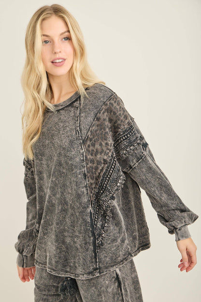 Mineral Washed  Leopard Fringe Terry Top