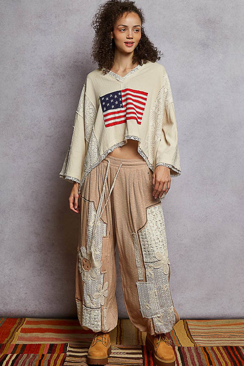 3/4 sleeve double gauze American flag sweater woven top