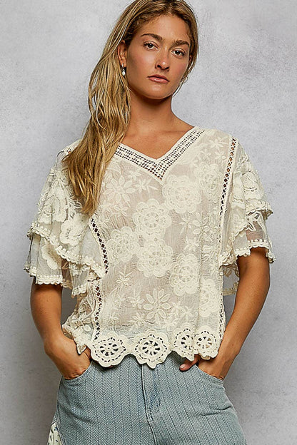 Haley V-neck Short Sleeve Crochet Top