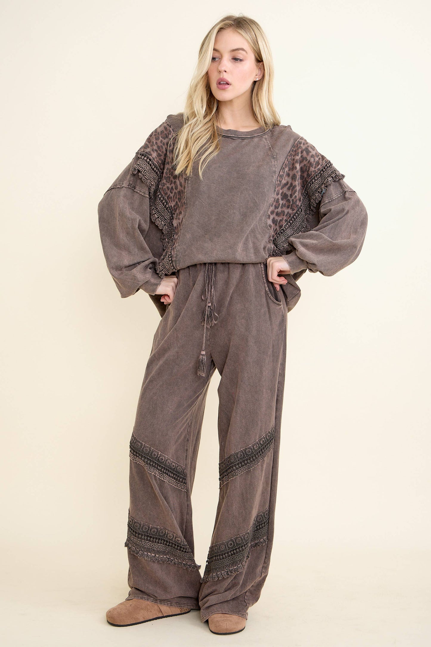 Mineral Washed  Leopard Fringe Terry Top