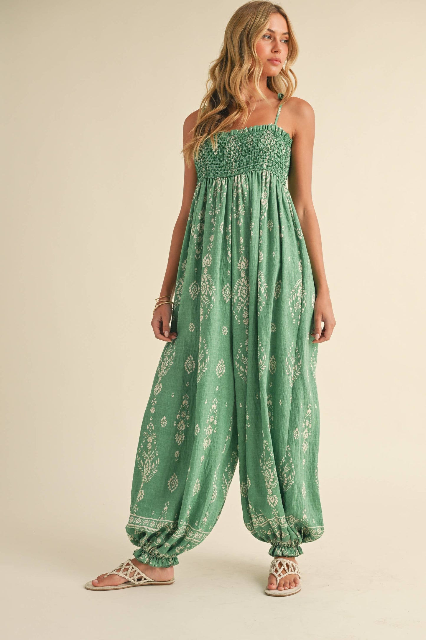 GREEN SMOCKED BALLOON JUMPSUIT