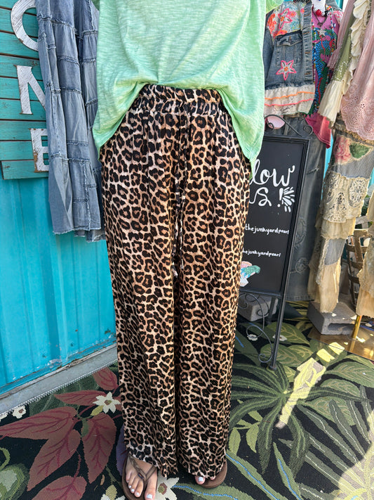 Leopard Print Wide-Leg Pants with Pockets Viscose