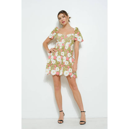Floral Lace Puff Sleeve Embroidered Mini Dress