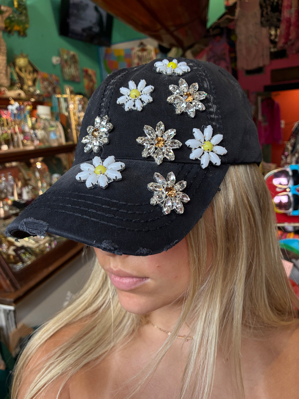 Daisy Bejeweled Bling Distressed Cap, Adjustable Multi colors available