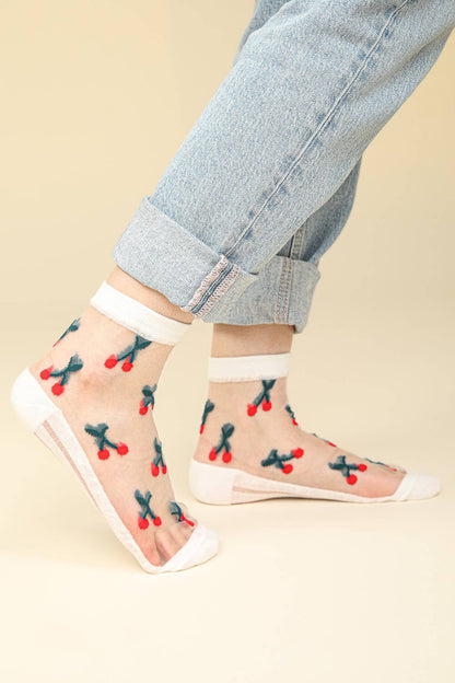 Cherry Embroidered Mesh Ankle Socks