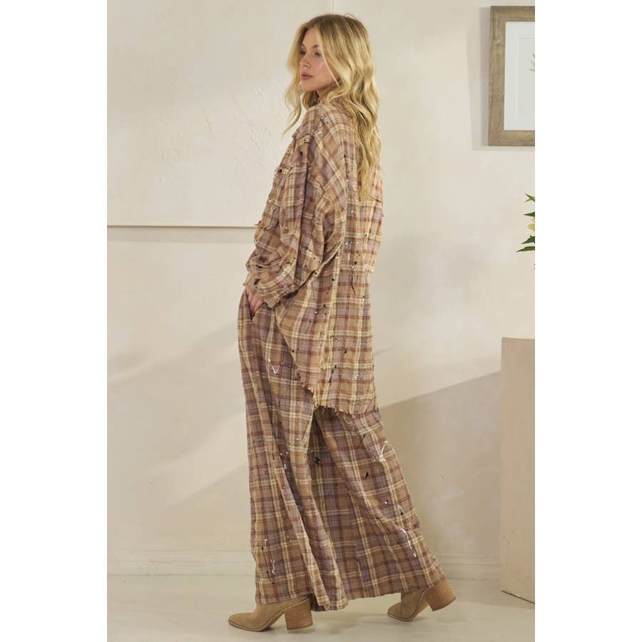 WASHED PLAID SMOCKED WAIST WIDE LEG PANTS