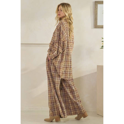 WASHED PLAID SMOCKED WAIST WIDE LEG PANTS
