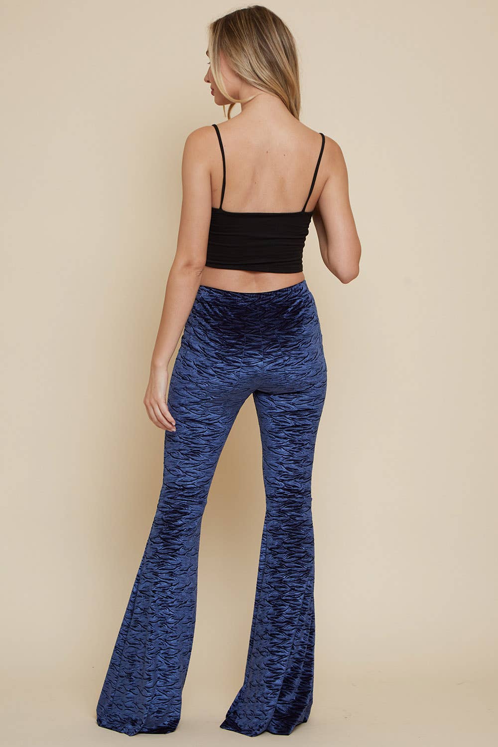 NAVY VELVET BURN OUT PRINT BELL BOTTOM