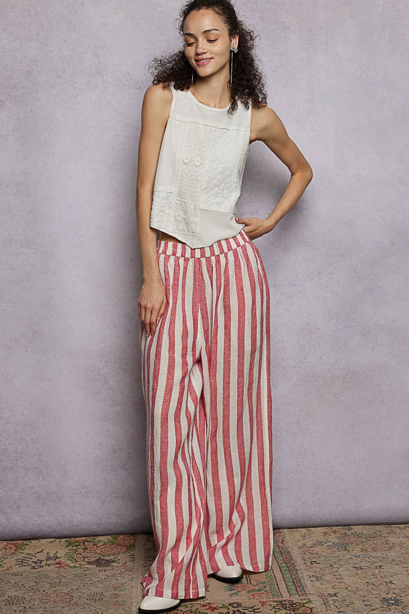 Stripe Elastic Waist Band Linen Wide Pants