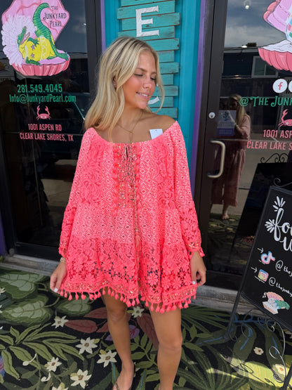Boho Short Dress Lace Tassels — Pink
