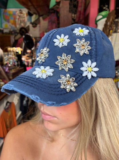 Daisy Bejeweled Bling Distressed Cap, Adjustable Multi colors available