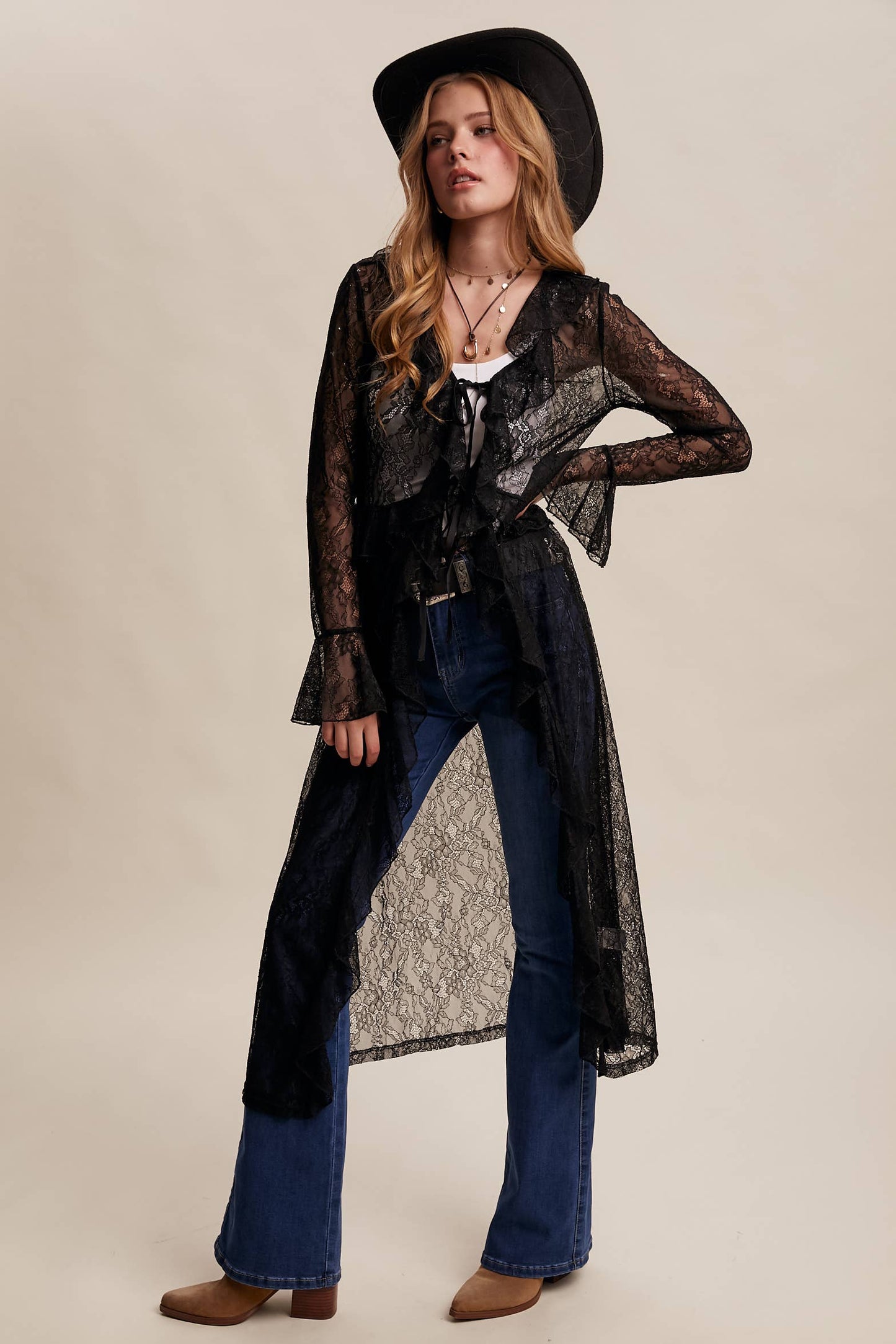 Black Sheer Lace Ruffle Duster