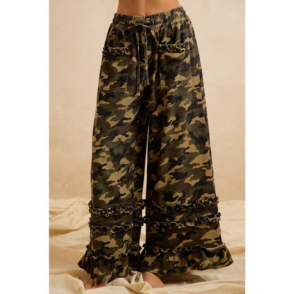 CAMOUFLAGE PRINTED TWILL RUFFLED DETAIL WIDE PANTS