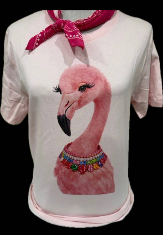 Jeweled Collar Flamingo on Light Pink Crew T-Shirt