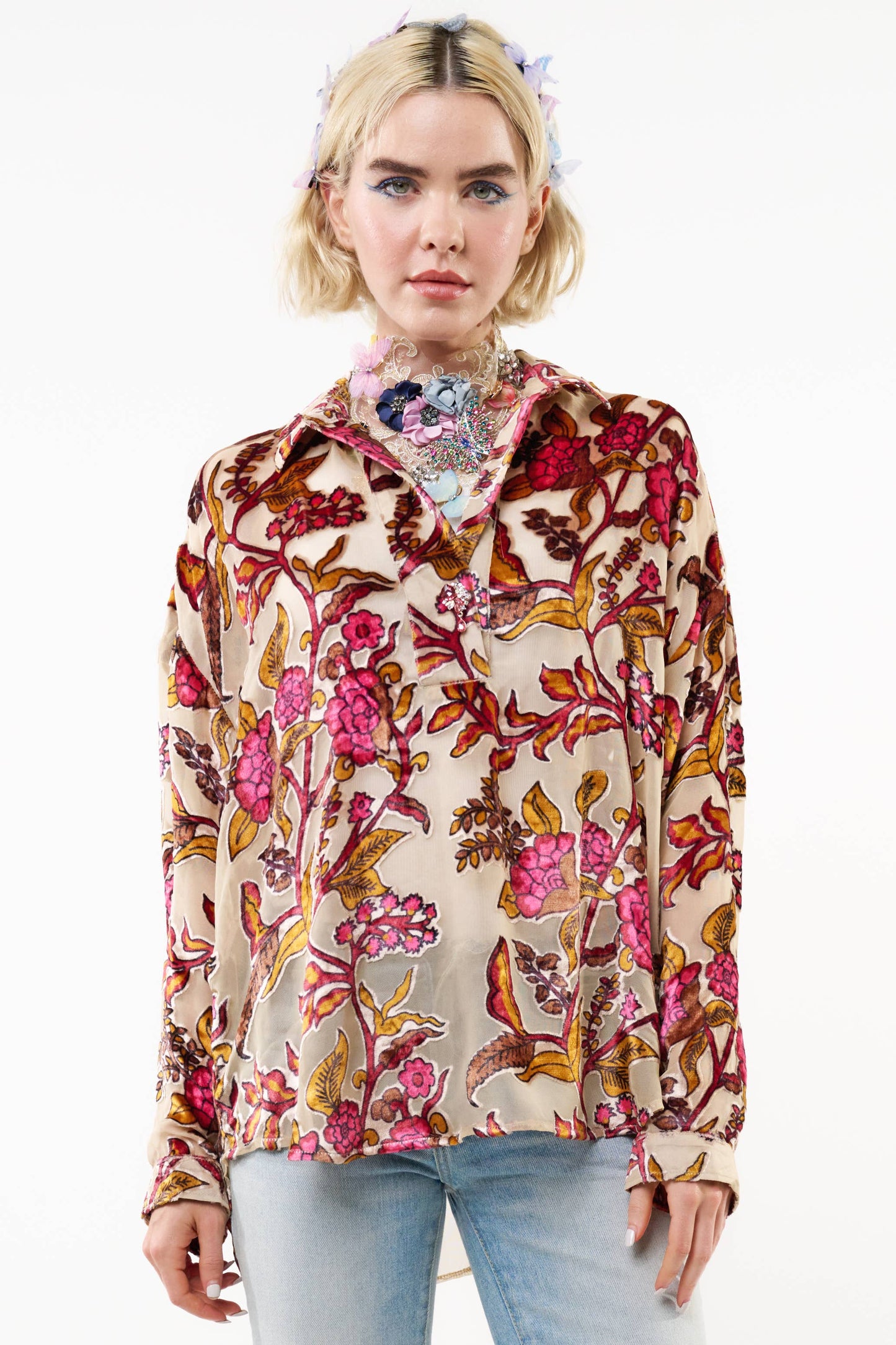 Ivory Holiday Jewels Burnout Velvet Blouse