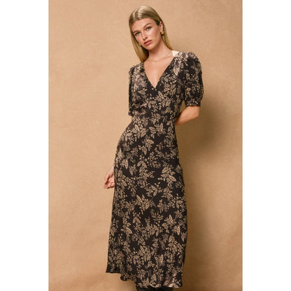 Brown Butter Puff Sleeve V Neck Dress