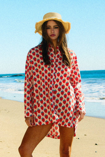 Strawberry Beach Print Oversized Shirt Dress