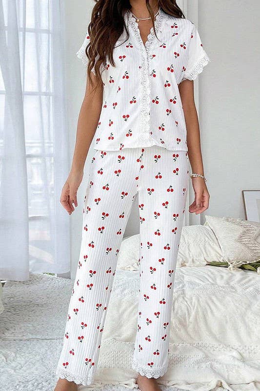 Lace Trim Red Cherry  Lounge Pajama Set