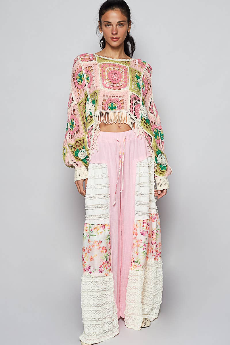 Round Neck Long Sleeve Crochet Cropped Top