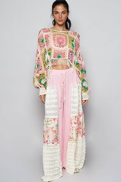 Round Neck Long Sleeve Crochet Cropped Top