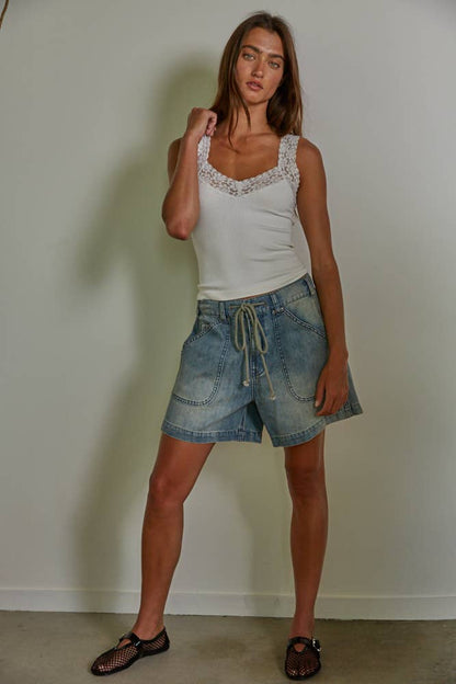 Knit Seamless Ribbed Tank Top with Lace Trim