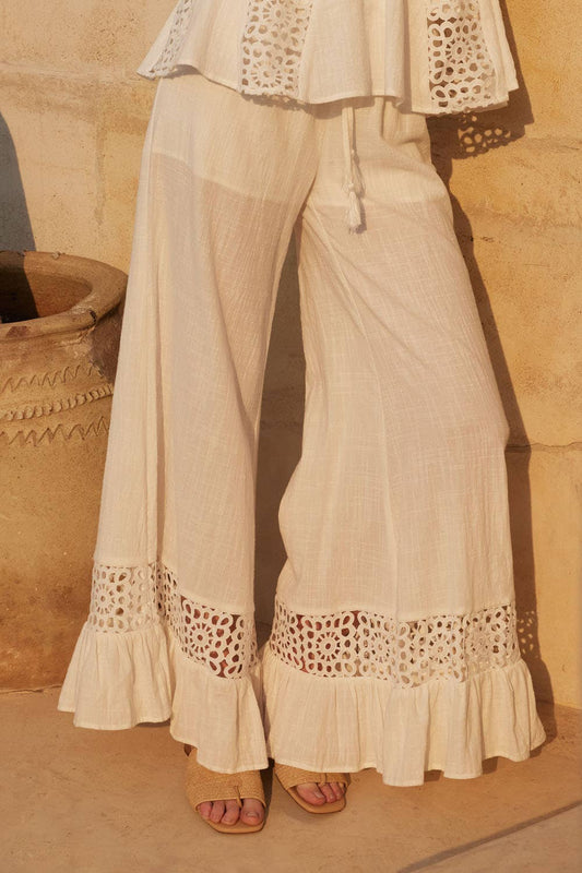 Cotton and Crochet Lace Wide-Leg Ruffle-Hem Pants