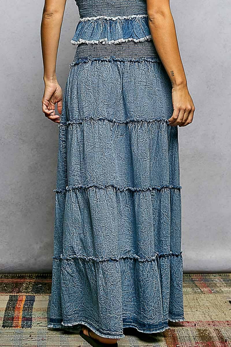 Embroidery Bead Tassel Tiered Denim Maxi Skirt