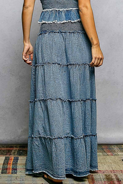 Embroidery Bead Tassel Tiered Denim Maxi Skirt