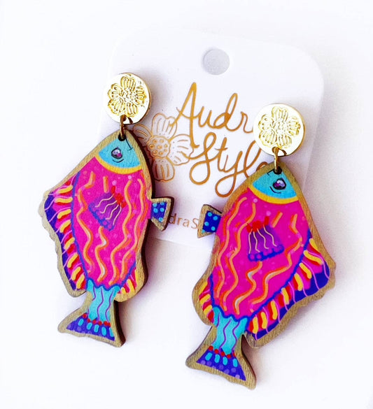 Pink Colorful Fish Dangle Earring Coastal Resort Nautical