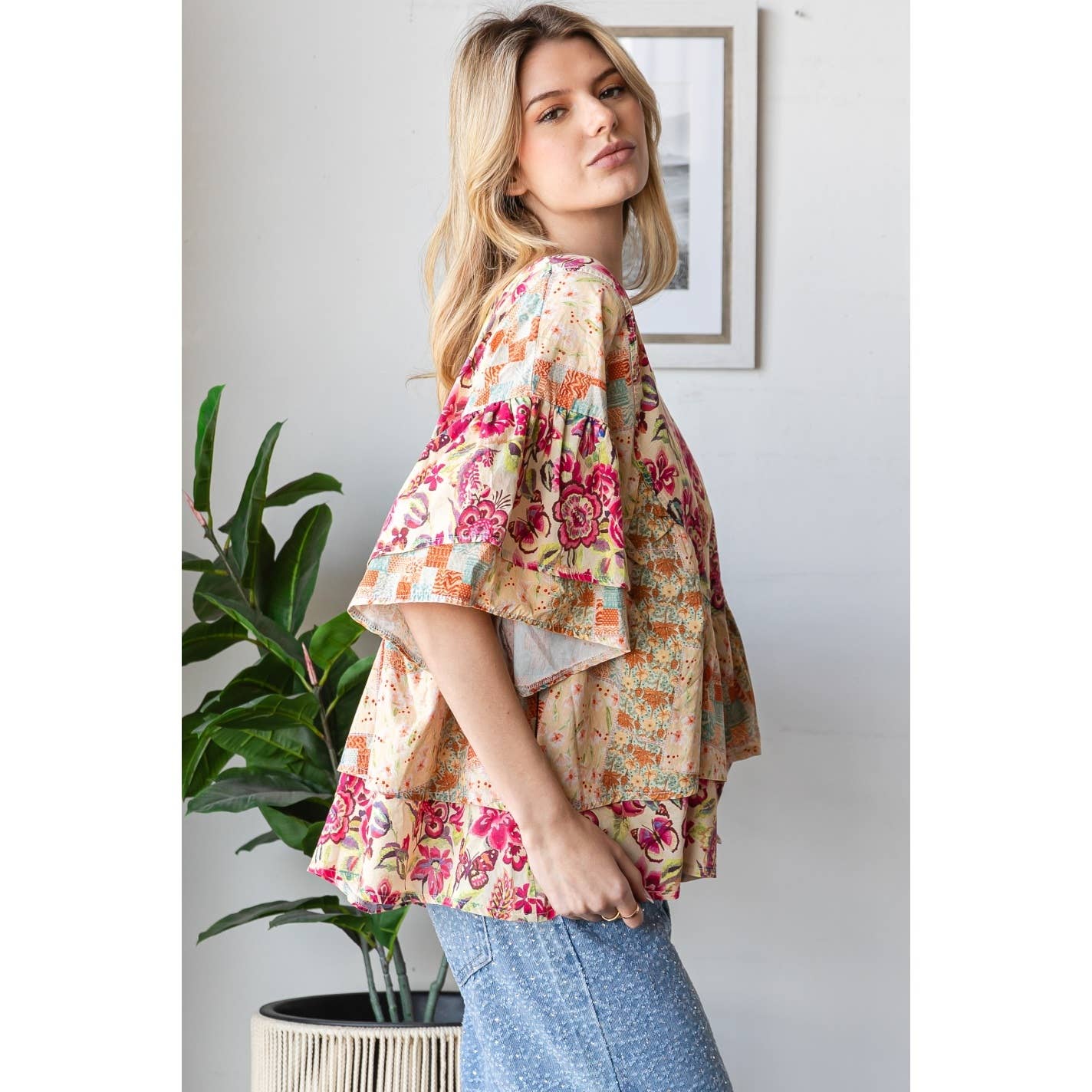 WASHED PRINTED RUFFLE DETAIL BLOUSE TOP