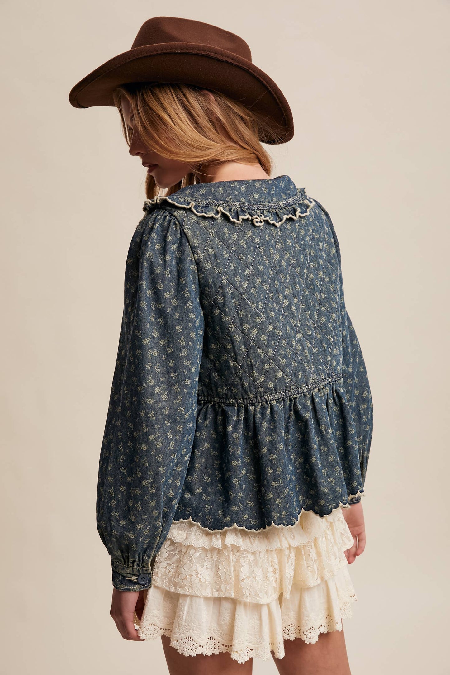 Ruffle Collar Tie-Front Denim Blouse