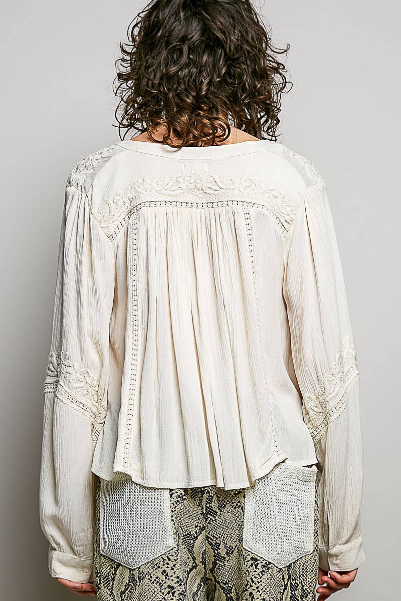 V-neck Long Sleeve Floral Embroidered Cotton Woven Top