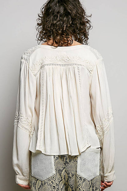 V-neck Long Sleeve Floral Embroidered Cotton Woven Top