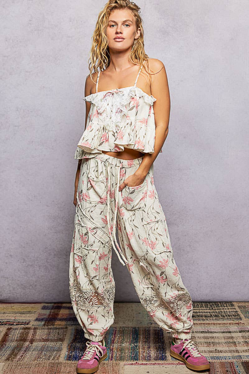 Lace Ruffles Ribbon Tie Cropped Floral Sleeveless Top