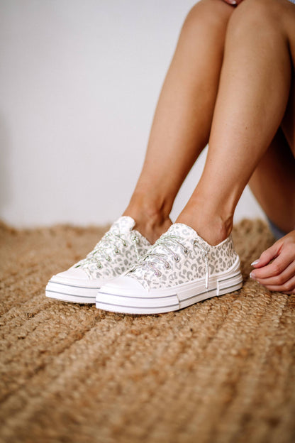 White and Leopard Rhinestone Slip-On Sneaker
