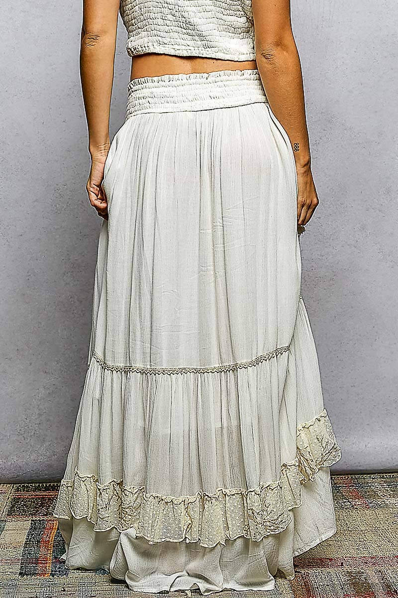 Smocked Waist Ruffle Embroidered Fringe Long Skirt
