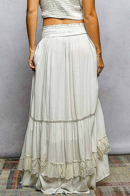 Smocked Waist Ruffle Embroidered Fringe Long Skirt
