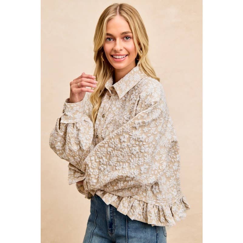 Textured Floral Pattern Ruffled Hem Shirt Top