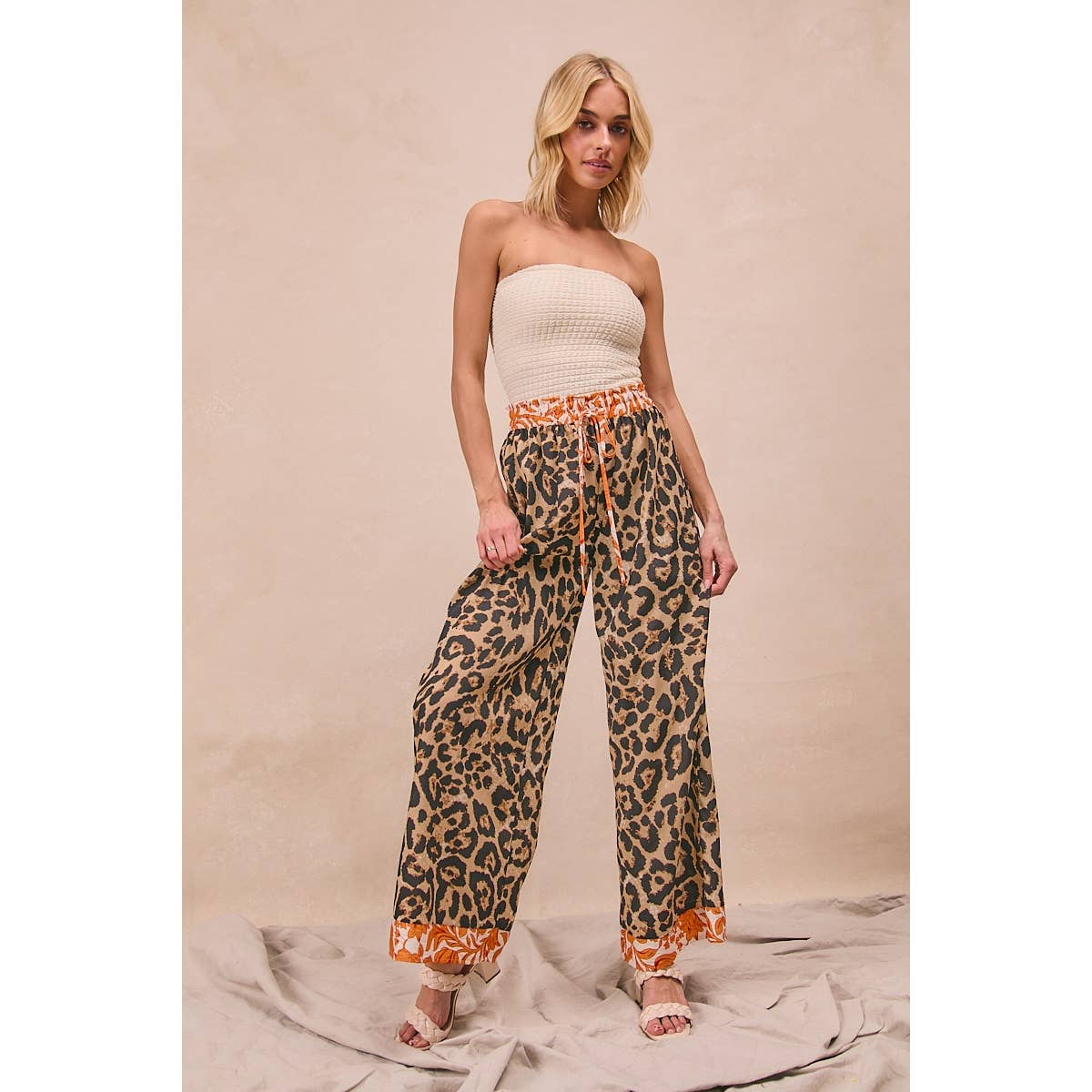 LEOPARD PRINT WITH CONTRAST BANDED WIDE PANTS
