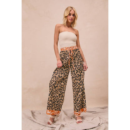 LEOPARD PRINT WITH CONTRAST BANDED WIDE PANTS