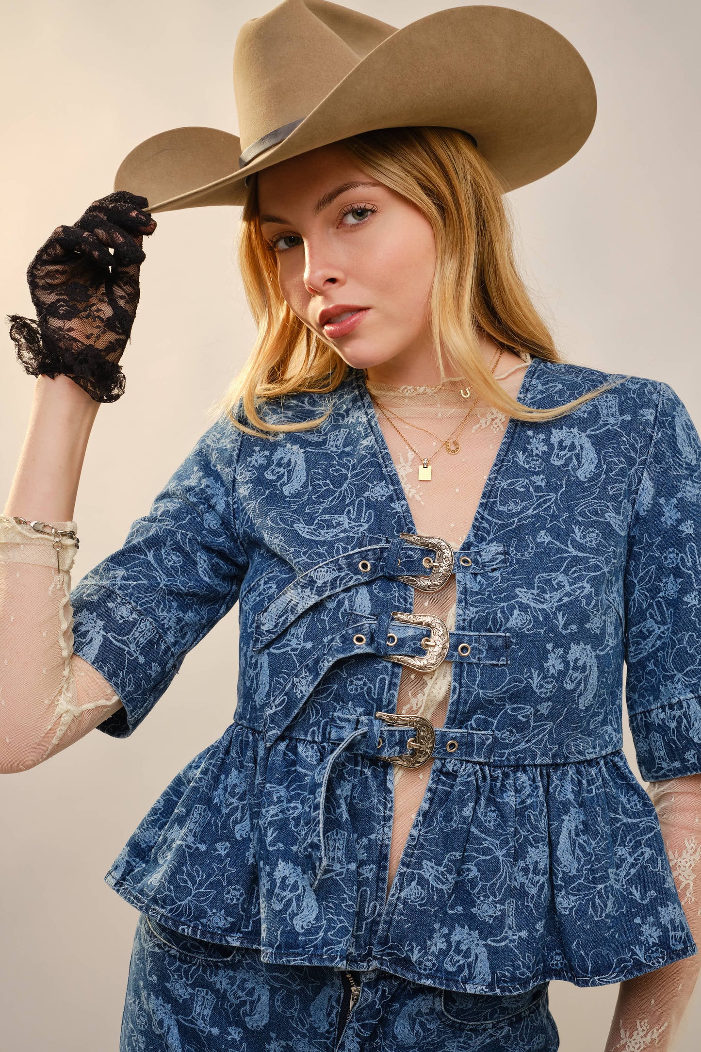 Western Horse Print Peplum Buckle Denim Top